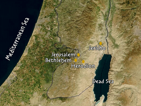 Map showing location of Herodion, Bethlehem, Jerusalem and Jericho
