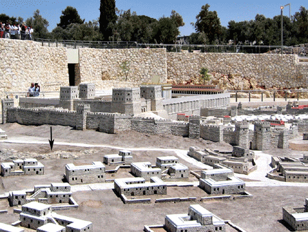 Gordon's Calvary by the Garden Tomb is shown on the model of Second Temple period Jerusalem