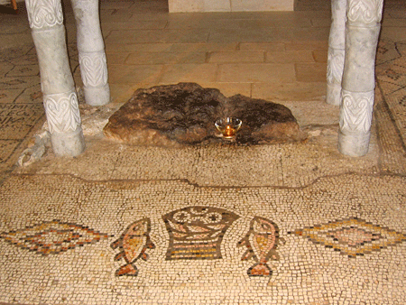 Fish and loaves mosaic at Tabgha Benedictine church