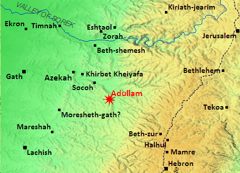 Map showing Adullam where David hid from Saul