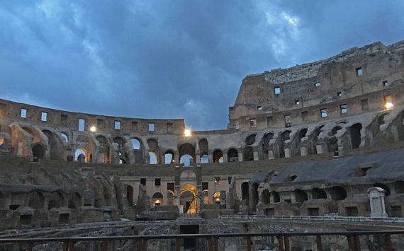 Interior of the ruins of the Roman Colosseum by night
