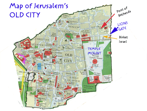 Map of Jerusalem's old city showing the Pool of Bethesda