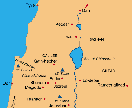 Map of northern Israel showing Dan by the northern boundary