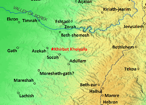 Map of the Elah Valley showing Khirbet Kheiyafa, Azekah, Socoh, Gath and Bethlehem