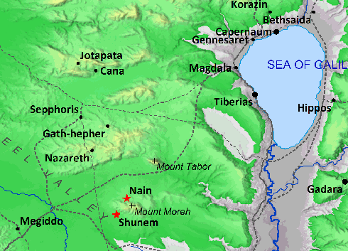 Map showing Nain and Shunem