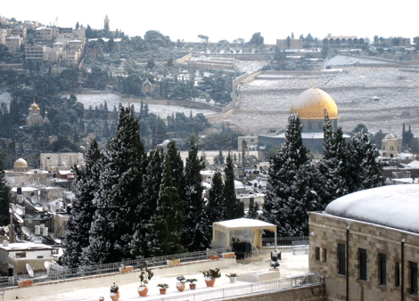 Looking east towards the snow-covered Mount of Olives