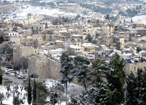 Moslem Quarter of Jerusalem's Old City covered in snow