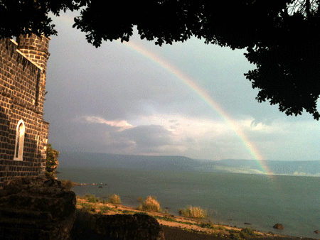 Rainbow over the Sea of Galilee by the Primacy Church, Tabgha